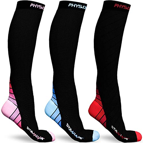 Physix Gear Sport 3 Pairs of Compression Socks for Men & Women in (Black/Pink + Black/Blue + Black/Red) L-XL Size