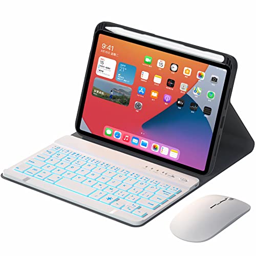 IPad Air 第5世代 (2022) / Air 第4世代 (2020) 10.9インチ用キーボードケース 7色バックライト 英語・日本語 Pencilホルダー内蔵、磁石で着脱可能なワイヤレスキーボード、Bluetoothマウス付き,白