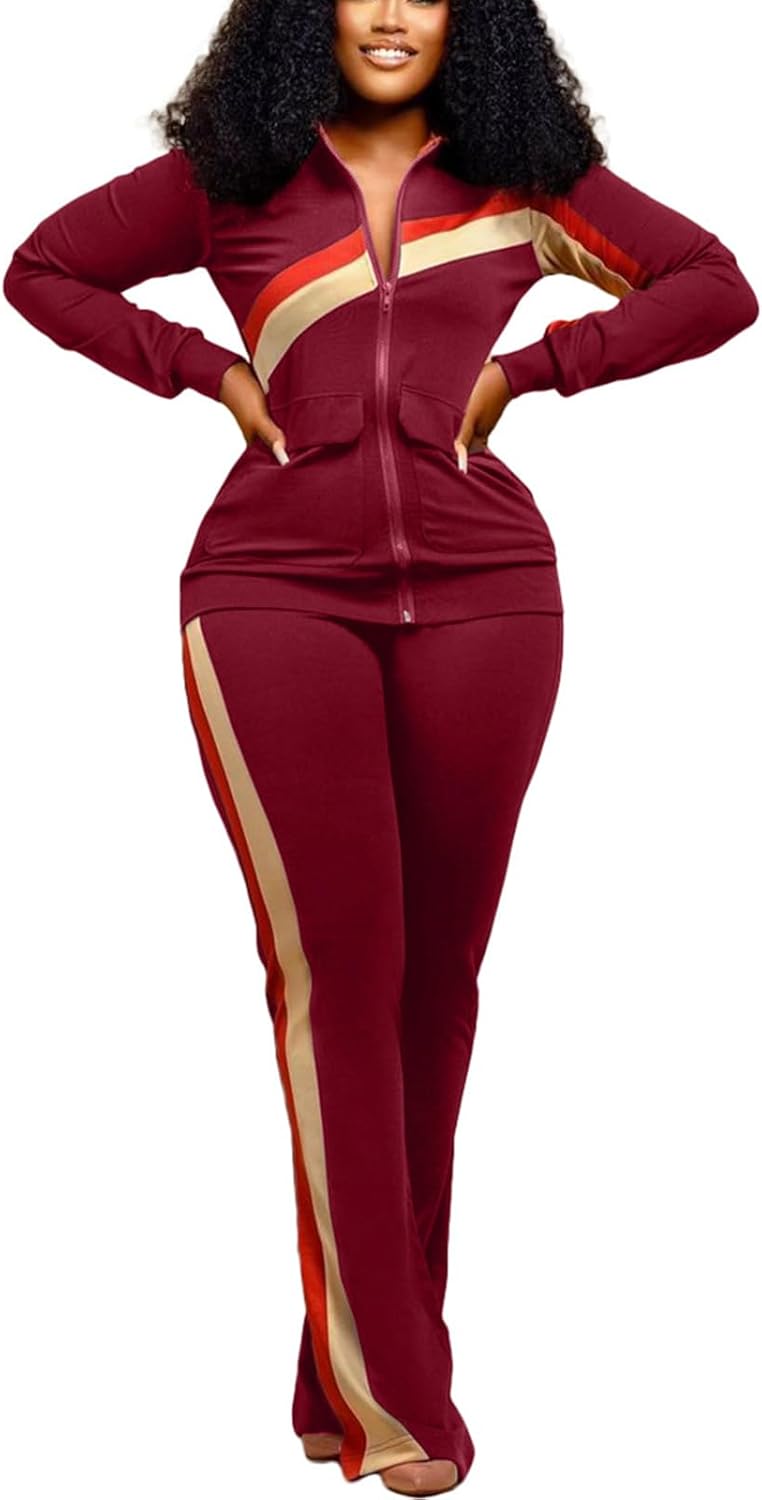 2 Piece Outfits for Women Long Sleeve Striped Zipup Jacket Wide Leg Long Pant Retro Tracksuit Sport Set Wine Red