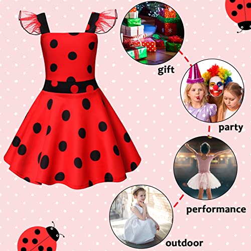 Girls Ladybug Dots Costume Set Bustier Camisole Ruffled Dress Mask Gloves Headdress Socks Ladybird Dress Up With Birthday Performance Masquerade Party Halloween Cosplay Princess Costume For Kids 7-8 #TOP4