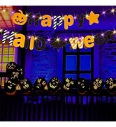Halloween Decorations Banner,Orange Happy Halloween Bunting Banner With 2Pcs Purple Led String Li...