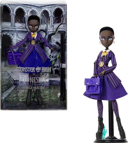 Monster High x Wednesday Doll and Accessories, Bianca Barclay Collectible in Nevermore Academy Uniform with Siren Amulet, Backpack and Doll Stand