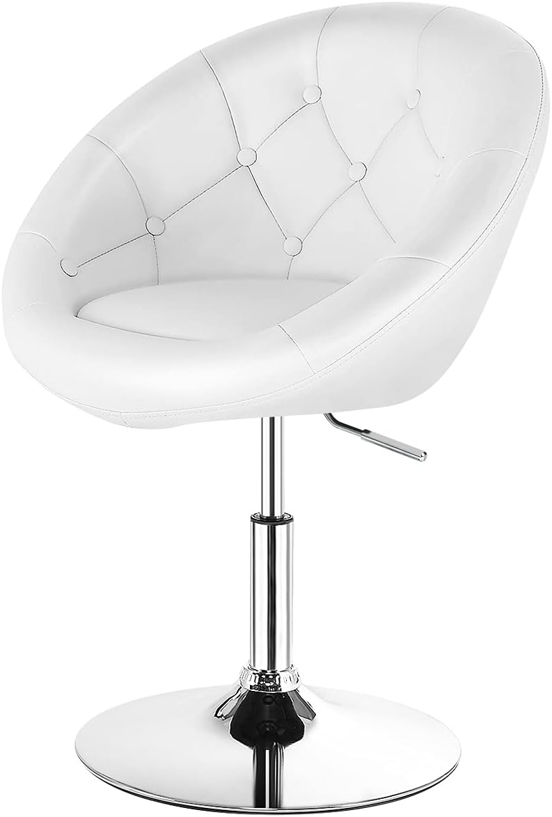 FFlyer Swivel Vanity Chair, Mid Century Modern Chair w/Height Adjustable & 360°Swivel, Contemporary Makeup Chair, PU Leather Round Tufted Back Chair for Living Room, Bedroom, Pub, Kitchen (1, White)