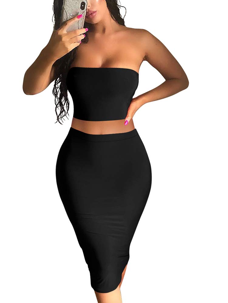 YMDUCH Women's Sexy Summer Crop Tube Top 2 Pieces Set Bodycon Midi Club Dress Black, Small