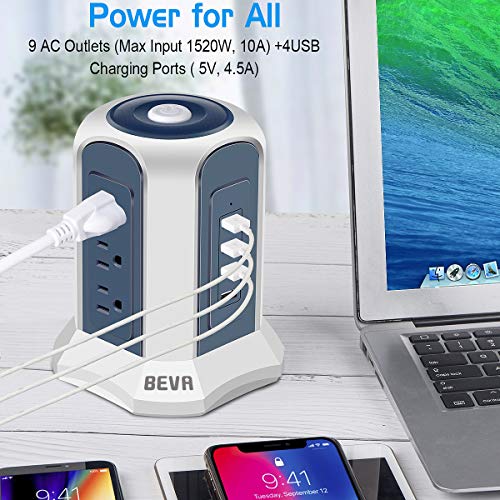 Surge Protector Power Strip Tower - BEVA Desktop Power Strip Tower with 4 USB Ports 9 Outlets,Switch Control Power Outlet Strips Charging Station 6 ft Extension Cable for Office and Home