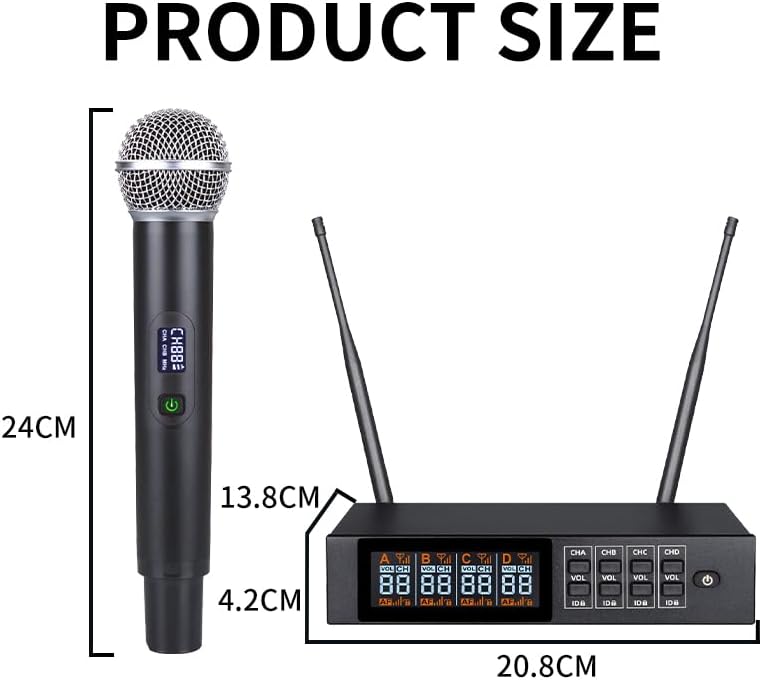 Diagram showing the dimensions of the Doslnlya S-300 receiver and a single microphone.