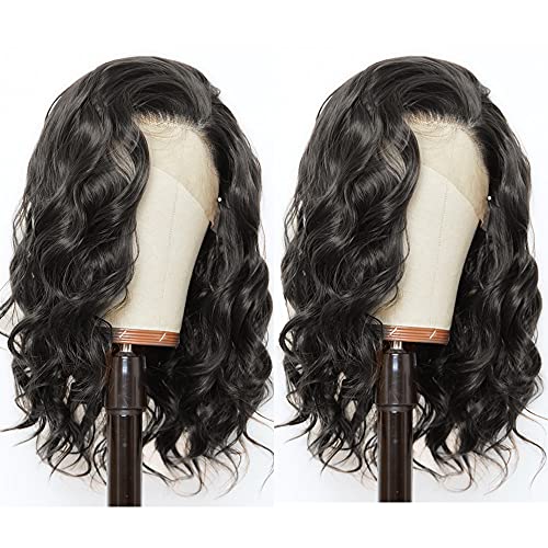 ANDRIA Short Bob Lace Front Wigs Glueless Natural Wave Synthetic Heat Resistant Fiber Hair Wig With Baby Hair For Black Women 14 Inches Black Wavy Shoulder Length Wigs