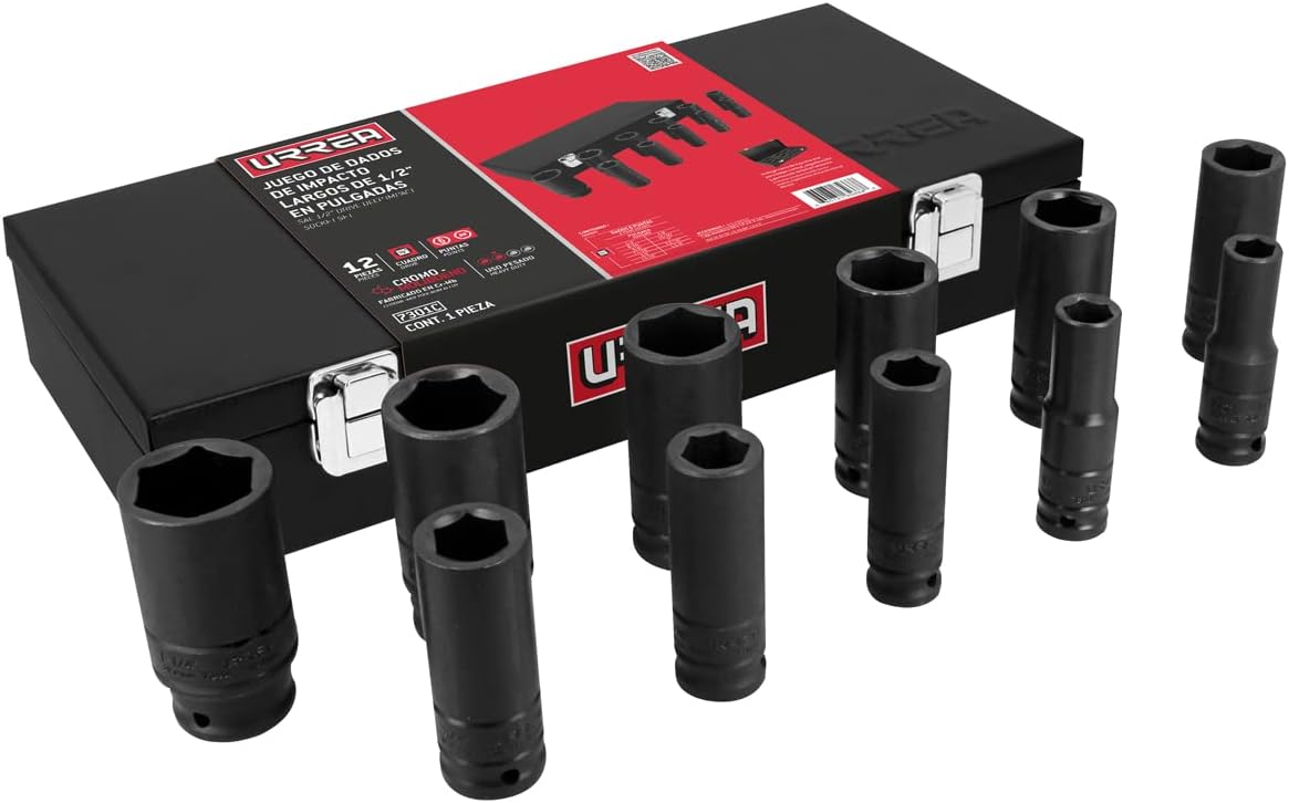 Urrea 7301C 1/2" Square Drive Long Impact Socket Set, Boxed, 11-Piece