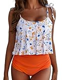 Buauty Bikini Bathing Suits for Women Two Piece Swimsuits Tummy Control Bottom Ruffled Flounce Tops High Waisted Bikini Sets Orange