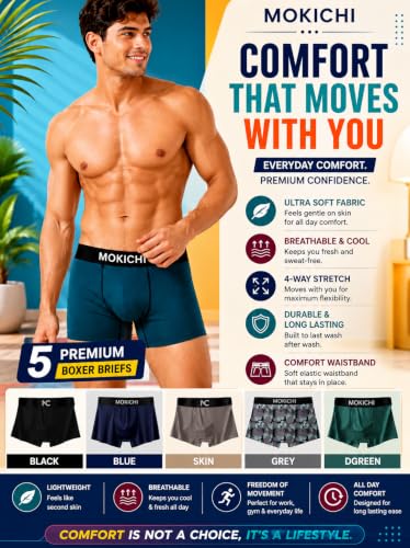 Image of Men's Boxer Briefs for Men, Stretchable Trunks Underwear, Soft Comfortable Fit, Breathable Mid-Rise Boxer Shorts, Assorted Solid & Printed Designs, Pack of 5