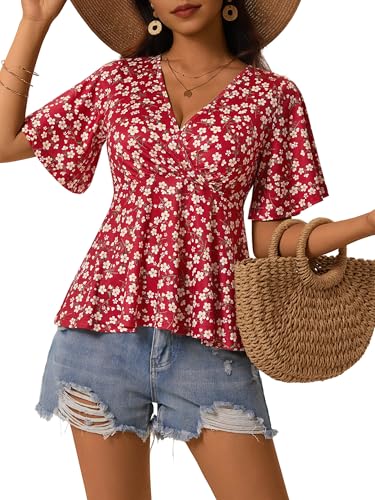 TORARY Cute Summer Tops for Women Wrap V Neck Short Sleeve Flowy Blouses for Women Trendy