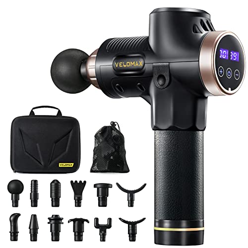 VELOMAX Brushless Professional Massage Gun Deep Tissue with 12 Massager Heads and Carrying Case, 12mm Amplitude 30 Speeds Massager Gun, Massager Machine for Pain Relief (Black and Gold)