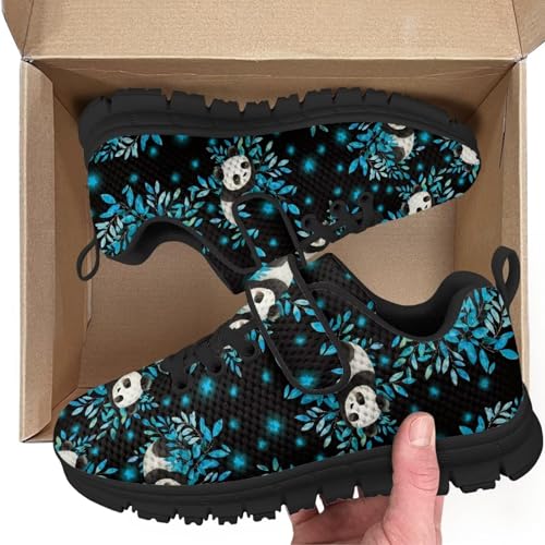 Boys Girls Sneakers Kids Breathable Lightweight Strap Tennis Athletic Running Shoes Panda Blue Plant Pattern2