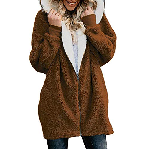 Women's Casual Faux Shearling Coat Jacket Winter Long Sleeve Lapel Fluffy Fur L Coffee
