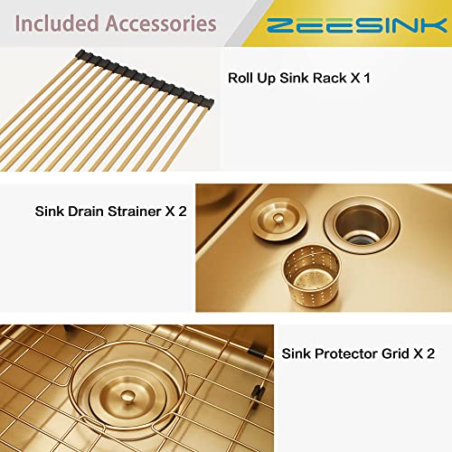 Zeesink Double Bowl Kitchen Sink,Drop In Kitchen Sink 33 X 22 Inch,Gold Kitchen Sink,Top Mount Kitchen Sink,16 Gauge Stainless Steel Kitchen Sinks #TOP4