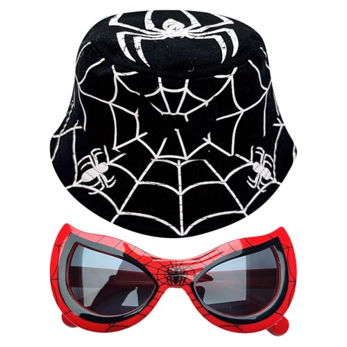Image of ZXTGBQ Kids Spider Bucket Hat and Sunglasses Set, Summer Sunhat Bucket Hat, Foldable UV Protection Sunglasses, for Boys 3-8 Years Old Black, red