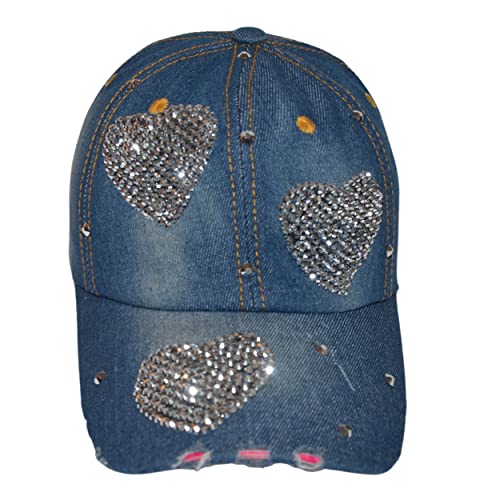 Popfizzy Bling Hat With Hearts For Women And Girls, Rhinestone Heart Hat, Bedazzled Baseball Caps, Fancy Bejeweled Hats, Distressed Denim Hat, Bling Gift For Women #TOP4