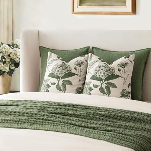 Image of Foindtower Set of 2 Linen Floral Throw Pillow Covers Neutral Vintage Print Decorative Cozy Cushion Covers Farmhouse Boho Home Decor for Sofa Chair Couch Bedroom Living Room,22x22 Inch,Dark Green