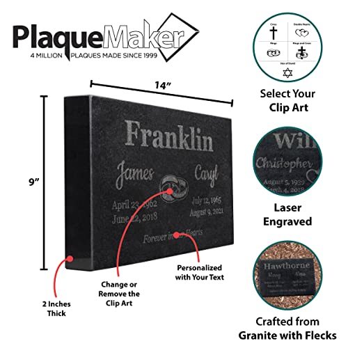 Image of PlaqueMaker Black Granite Memorial Headstone for Two Lost Loved - Great for Your Garden, Tree Dedication, or in a Cemetery. Includes Your Text and Select Clipart (14 x 9 x 2)