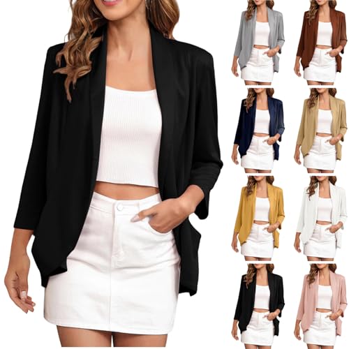 Womens 3/4 Sleeve Blazers Business Casual Lapel Open Front Work Office Suit Jackets Trendy Lightweight Cardigans - Main Image