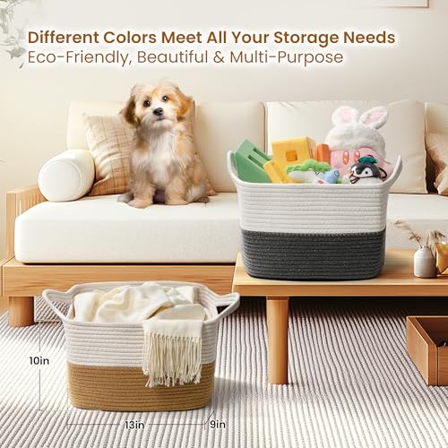 Image of Effectyou Modern Cotton Rope Storage Baskets with Handles - Woven Organizing Bins for Laundry, Toys, Blankets & Bathroom Storage, Home Decor, Gift Basket Set of 2 (13 x 10 x 9 Inches)