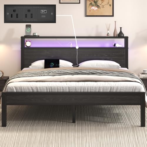 Image of E-Motie Queen Size Bed Frame with LED Lights and Charging Station, Wood Storage Headboard with 2-Tier Shelves, Heavy Duty Metal Slats, No Box Spring Need, Noise Free, Easy Assembly, Black