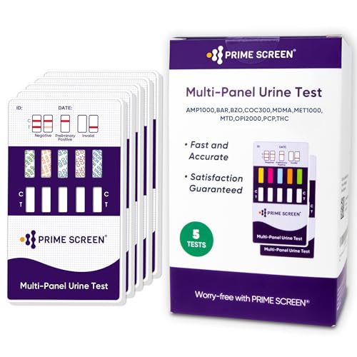 Prime Screen [5 Pack] 10 Panel Urine Drug Test Kit - Testing Instantly for THC (Marijuana), BZO (Benzos), MET (Meth), PCP (Phencyclidine), MTD, AMP, BAR, COC, OPI, MDMA - WDOA-3104