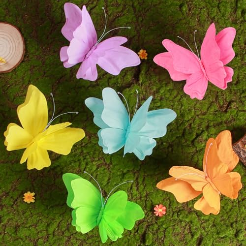SUNBEAUTY 6 Stück 3D Schmetterling Deko mit Clip Papier Schmetterlinge Deko Bunt Fliegende Schmetterlinge für Gartenparty Deko kindergeburtstag Deko Tischdekoration Innen Frühling Deko Tischdekoration