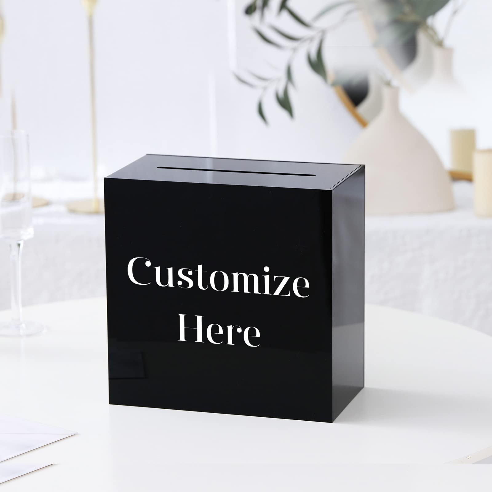 UNIQOOO Black Acrylic Wedding Card Box with Slot, Thick DIY Large 10x10x5.5 inch w/ No Print, Wedding Receptions Wishing Well Money Box, Birthday, Memory Box