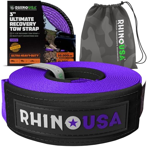 Image of Rhino USA Recovery Tow Strap (3 inch x 20') - 31,518lb Break Strength - Emergency Recovery Strap Tow Rope for Truck, UTV, ATV & More - Heavy Duty Towing Strap for Offroad 4x4 Use - Compatible with Jeep