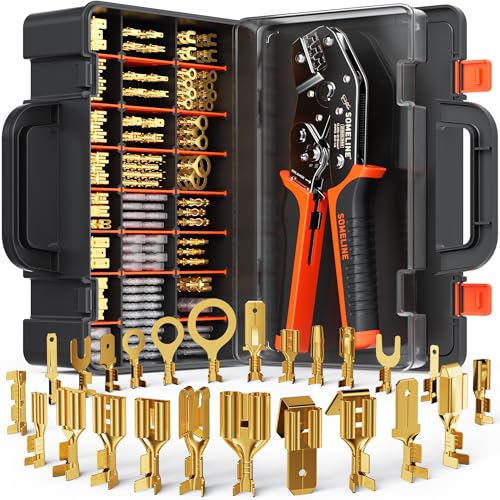 SOMELINE Spade Terminal Crimping Tool Kit AWG 24-14, 24 Types 2.8/3.9/4.8/6.3 mm Male & Female Quick Disconnect Non-Insulated Connectors - Open Barrel Crimping Tool