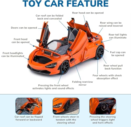 Image of FEXXA 1.18 Scale McLaren 720S Die-Cast Metal Car with Sport car Openable Doors Light and Sound,Pull Back Function Indoor Outdoor Toy for Kids (Orange)