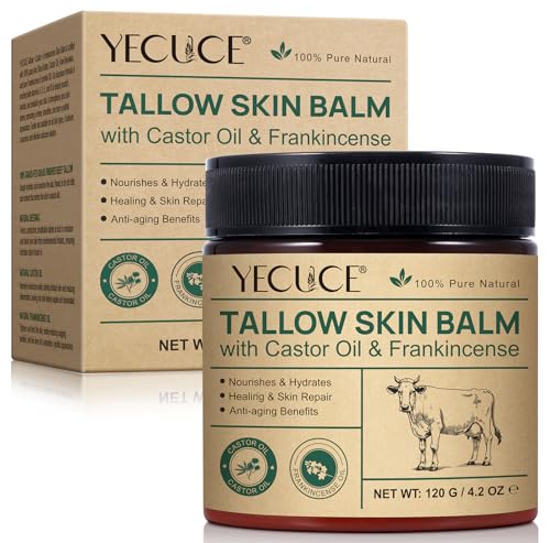Bálsamo de Sebo de Vacuno (Tallow Balm) y Aceite de Ricino - Crema Hidratante Facial y Corporal 100% Natural - Cuidado Nutritivo con Incienso y Cera de Abejas para Piel Seca - Reparador y Anti-edad