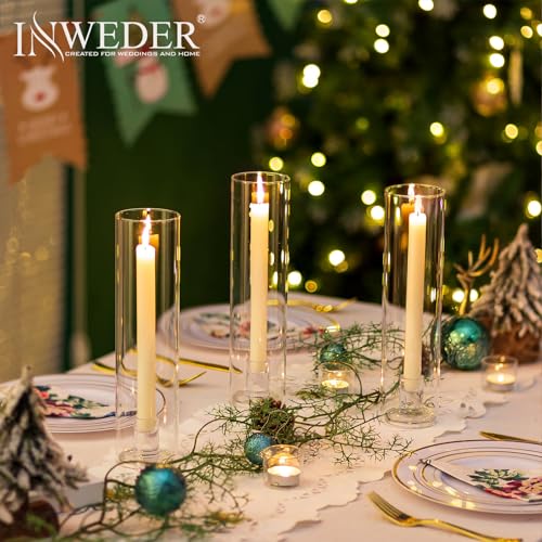 Inweder Glass Hurricane Candle Holder: Candlestick Holders for Wedding Table Centrepieces Clear Taper Candle Holder with Cylinder Shade for Christmas Party Event Home Decor 2 Pcs - Image 2