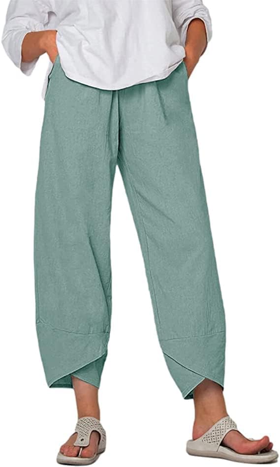 Women's Cotton Linen Pants High Waist Wide Leg Palazoo Cropped Pants