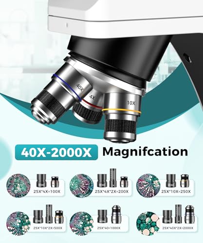 Image of Monocular Biological Compound Microscope, 2000X High Magnification, Universal for Adults, Students & Kids, Professional Lab Teaching Instrument with Phone Adapter,Complete Slides Set,Black