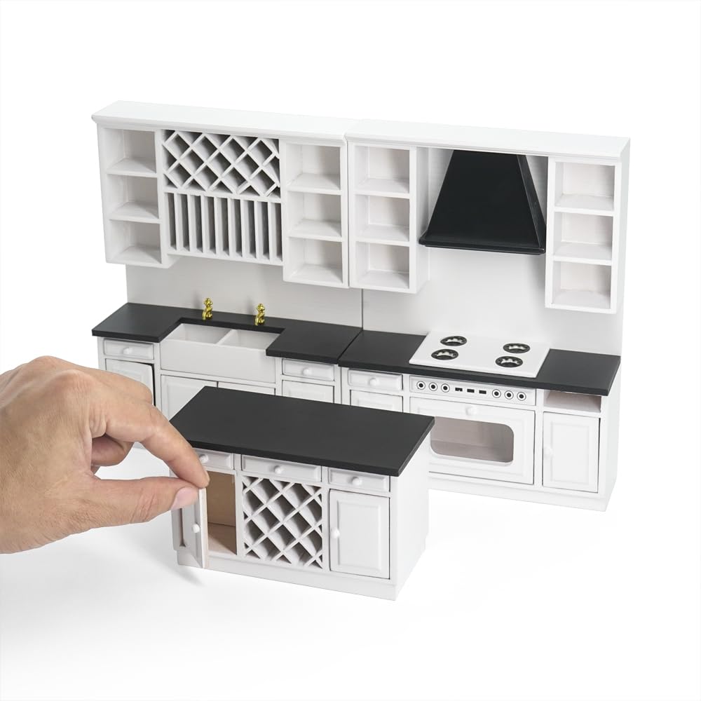 Odoria Puppenhaus Küchenzeile Miniatur Küchenmöbel: 1/12 Maßstab Küchentheke Spüle Backen Ofen Herd Modern Weiß - Mini Kücheninsel Schrank Holz Modell - Mikro Kochen Möbel Diorama DIY Handwerk