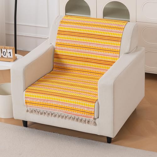 Image of HOKIPO 'Artisan Boho Series' 450 GSM Sofa Cover with Tassels | Multicolor Cotton Acrylic Jacquard Slipcover for 1 Seater Sofa, Size 152x60 cm, Mustard Yellow (IN-907-A1)
