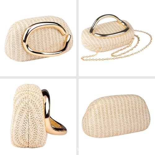 Women Elegant Straw Clutch with Gold Hardware Decoration Chic Woven Beach Bag Crossbody Bag for Summer Holiday4