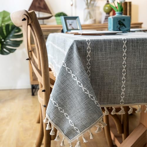 Nappe carrée 90x90cm grise en polyester antitache brodée avec franges pour table de cuisine