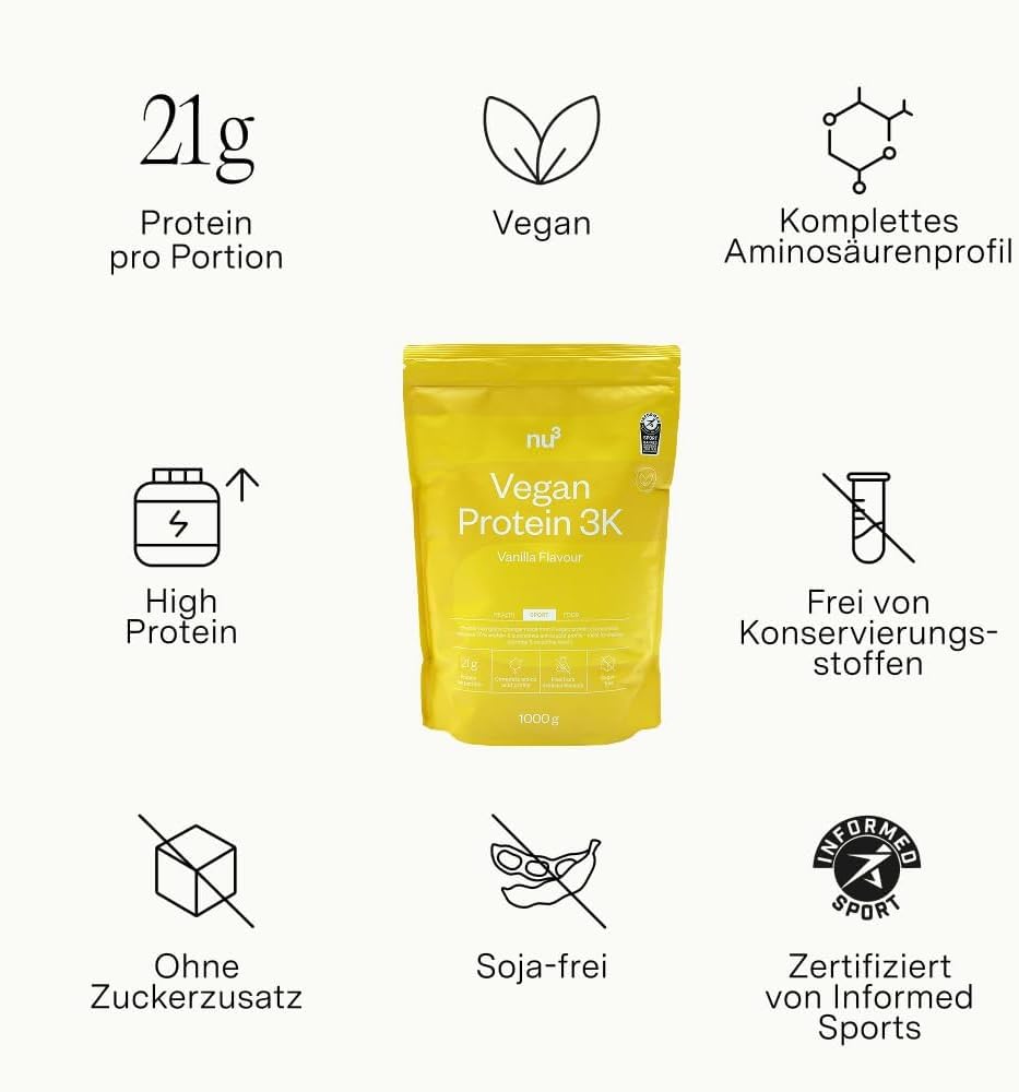 nu3 vegan Protein 3K Vanille 1 kg - Protein-Powder, pflanzlich, laktosefrei, ohne Soja, zuckerarm, gelatinefrei, aspartamfrei, cremig, Eiweißpulver für Muskelaufbau, Training & Alltag - 3x1000 g