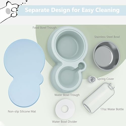 Miniatura 5 de Juego de cuencos para perros y cachorros con dispensador de agua y tazón de acero inoxidable, tapete antideslizante, comedero desmontable para