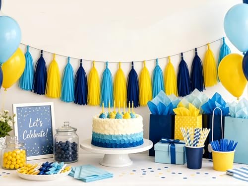 Image of Blue and Yellow Tassel Garland Banner Tissue Paper Tassels for Birthday Party Decorations,Pack of 20