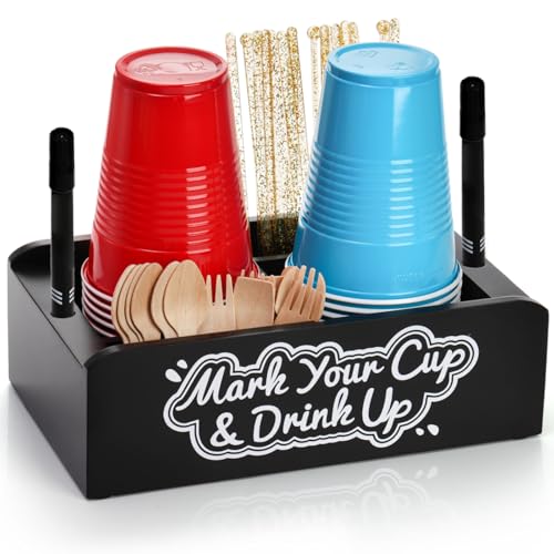 Goaste Double Disposable Cup Holder with Marker Slot Wooden Mark Your Cup and Drink Up Caddy Countertop Party Cup Dispenser for Parties Home Decoration Wedding Office Housewarming
