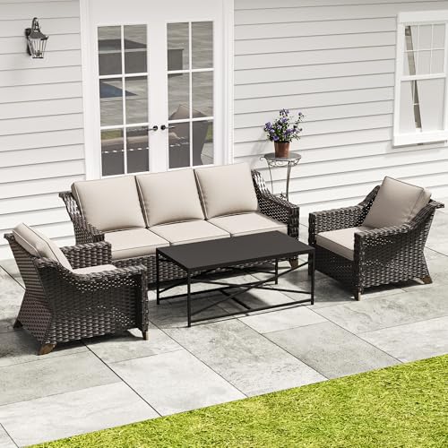 Image of 4 Piece Patio Furniture Set, Wicker Outdoor Conversation Set | Patio Chair Set with Olefin Removable Cushion, All-Weather Outdoor Couch with Deep Seat for Porch, Deck and Backyard, Beige