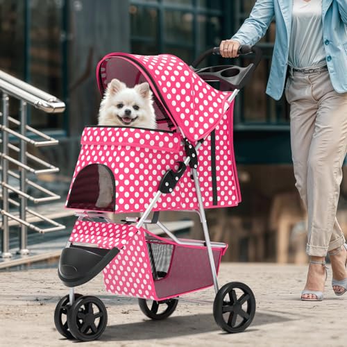 Image of Magshion 3-Wheel Pet Stroller, Foldable Travel Jogger for Small & Medium Dogs & Cats (Up to 33lbs), Lightweight Carrier with Breathable Mesh Cover, Cup Holder & Storage Basket, Hot Pink Polka Dots