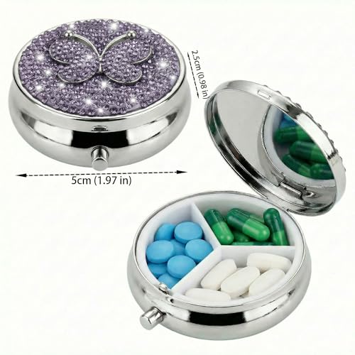 Image of Medicine Organizer Box Butterfly Pocket Pharmacy Bling Travel Pill Case Box for Purse Mini Pill Holder Organizer Small Pills Container for Vitamin(Purple)