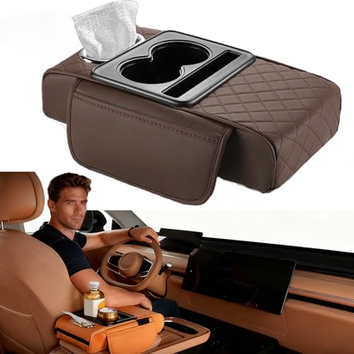 Image of Multifunctional PU Leather Car Armrest Box Mat, 5-in-1 Car Armrest Box with Cup Holder, 2 Storage Bags, Tissue Box Slot, Phone Slot, Universal Waterproof Interior Organizer for Most Cars (Coffee)