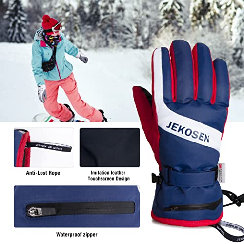 JEKOSEN Ski Gloves 2024 Mens Waterproof Touchscreen Snowboard Gloves Snow Cold Weather Winter Keep Warm Gloves with Anti-Lost Wrist Leashes SlantBlueS - Thumbnail 5