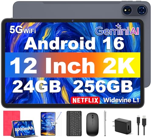 Image of 12 Inch Tablet with Keyboard, Android 16 Tablet with Gemini AI, 24GB+256GB+2TB Expand, 2K Tablets PC with 8-Core, 8000mAh, 120Hz 1920x1200, 16+8MP, 2 in 1 Large Tablets with Case,Mouse,Stylus(Pink)